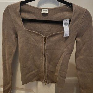 Abercrombie & Fitch Navy Brown/Tan Full Zip Cropped Cardigan Sweater Size XS